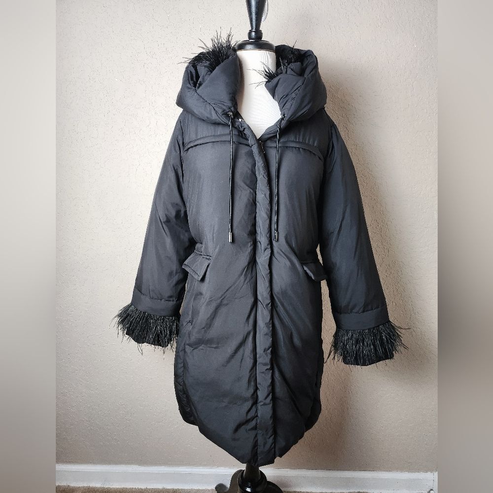 Kobi Halperin Hayden Coat Ostrich Feather Trims Down Fill Puffer  Black Size M